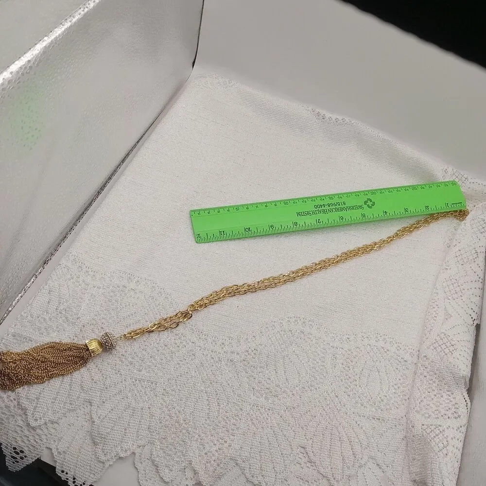 Gold Tone Chain Tassel Necklace Crystal Ball Cap